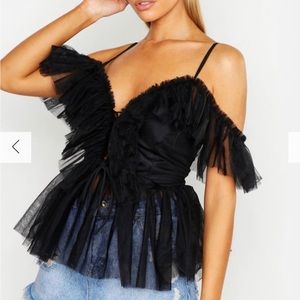 Boohoo black tulle lace-up top